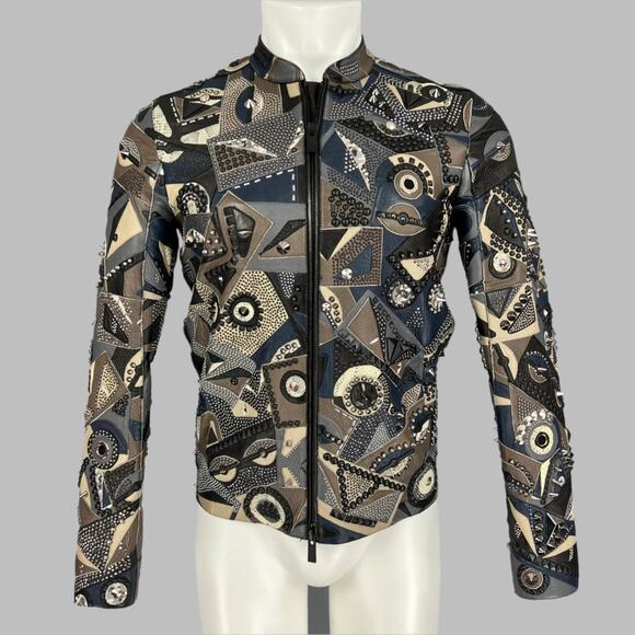 Size 34 Grey Blue Lamb Deer Leather Snakeskin Studded Allover Monster Jacket - Picture 1 of 14